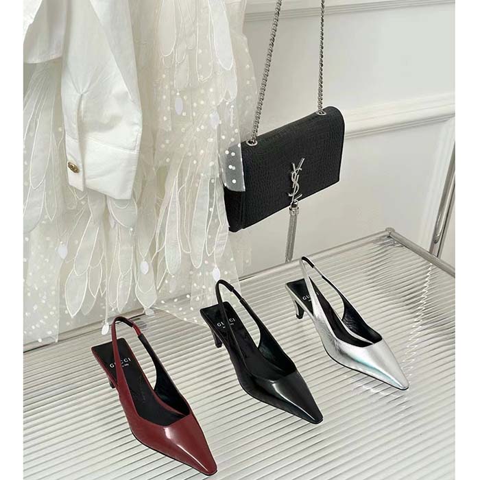 Gucci Women GG Slingback Pump Dark Red Leather Interlocking G Square Upper Mid-Heel