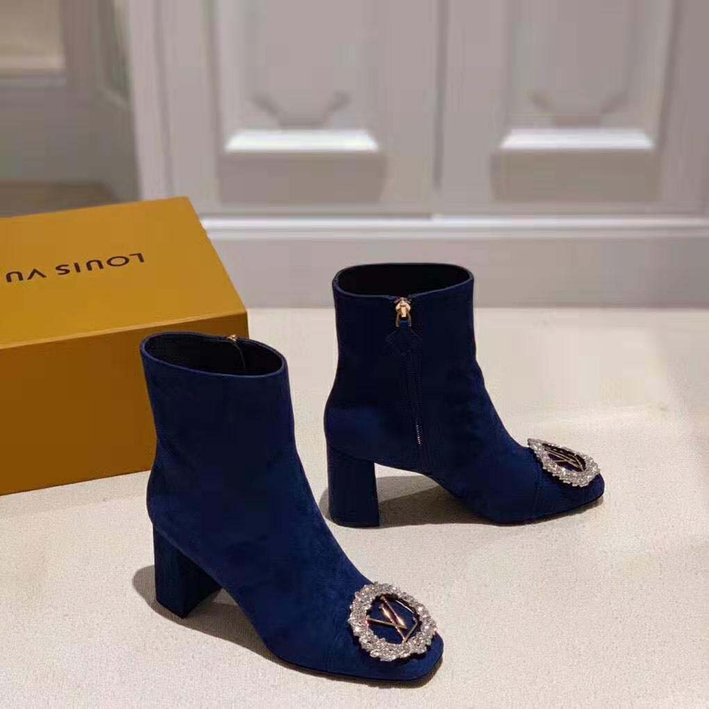 Louis Vuitton LV Women Madeleine Ankle Boot in Suede Baby Goat Leather 7.5 cm Heel-Blue