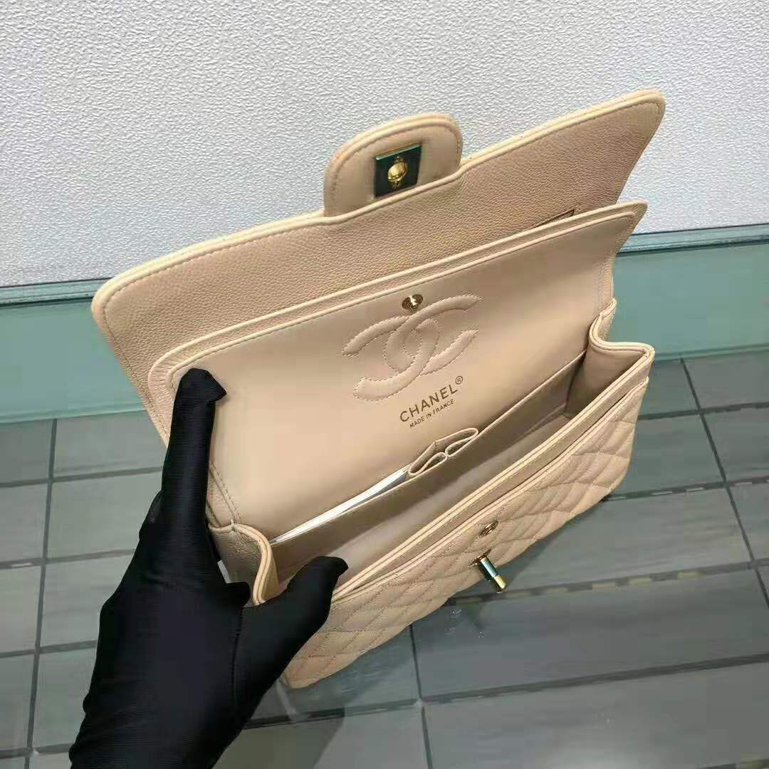 Chanel Women Large Classic Handbag in Grained Calfskin Leather-Sandy