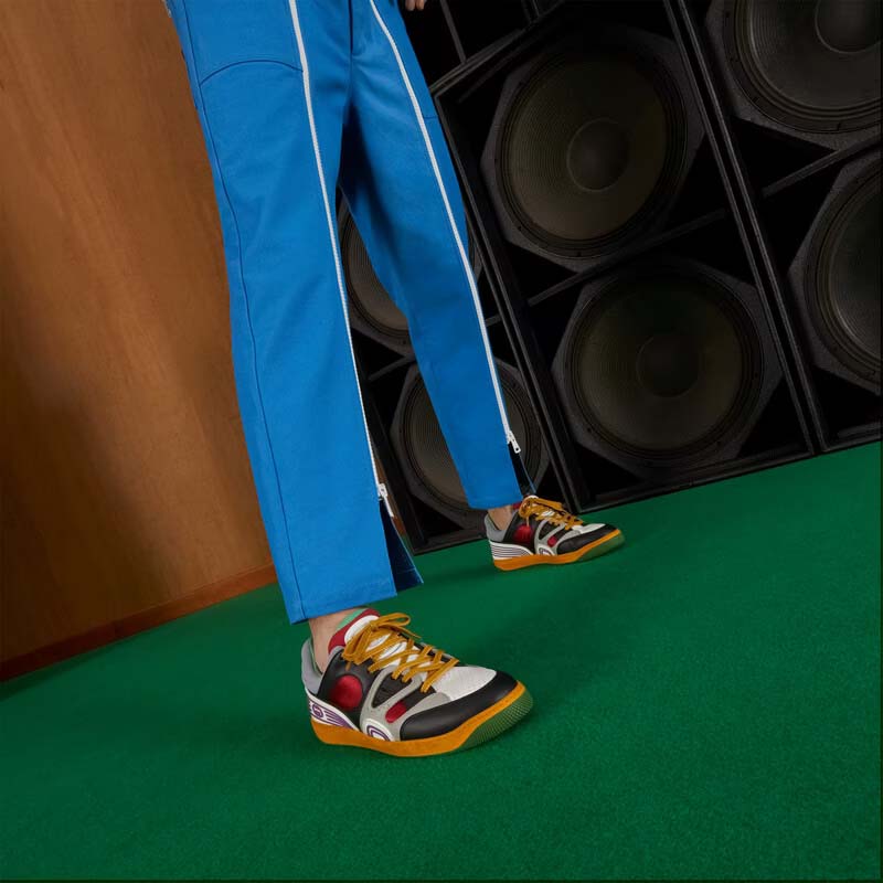 Gucci Unisex Basket Sneaker Black Demetra Red Mesh Rubber Sole Low 3.3 Cm Heel