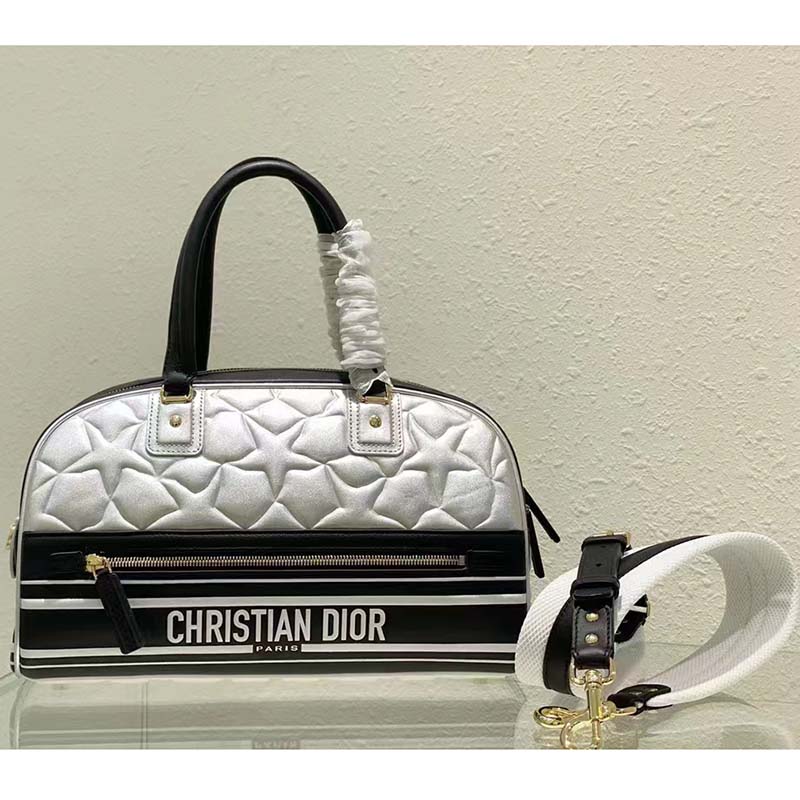 Dior Women CD Medium Vibe Zip Bowling Bag Black Silver Padded Étoile Calfskin