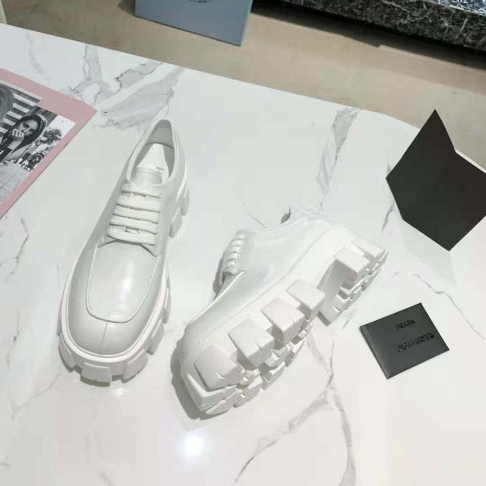 Prada Women Monolith Brushed Leather Lace-up Shoes-White