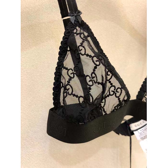 Gucci Women GG Tulle Lingerie Black Embroidered Elastic Stripe A Set Bra Briefs
