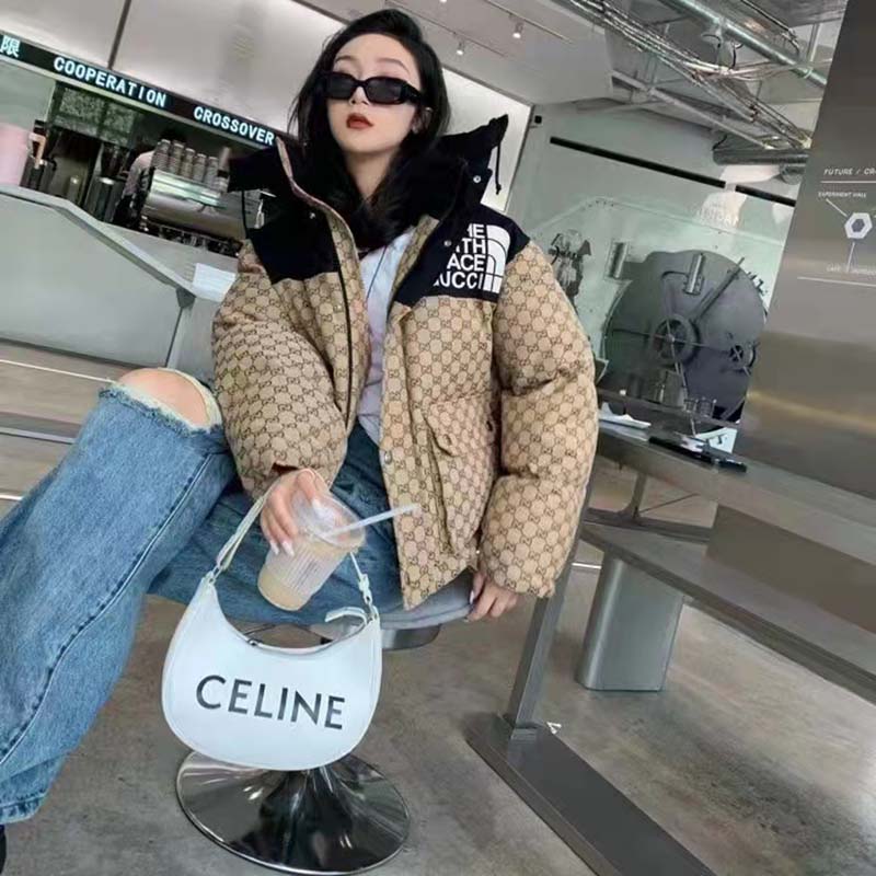 Gucci Women The North Face x Gucci Padded Jacket Beige Ebony GG Canvas