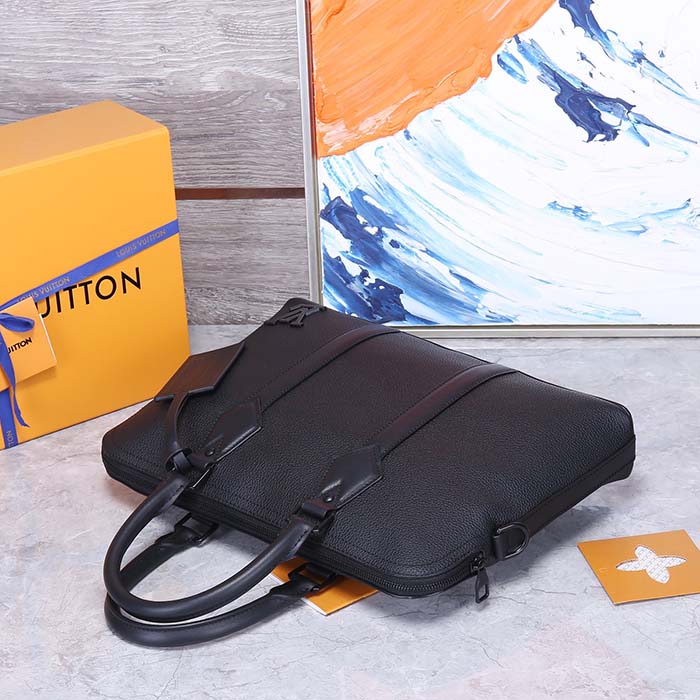 Louis Vuitton LV Unisex Takeoff Briefcase Black Grained Calf Leather Cowhide Textile Lining