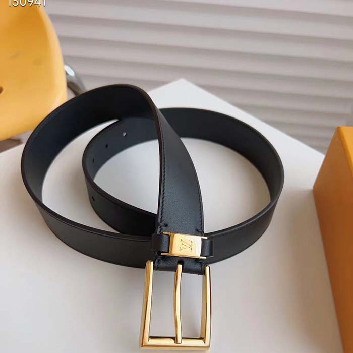Louis Vuitton Unisex LV City Pin 35MM Belt Black Calf Leather Gold-Color Hardware