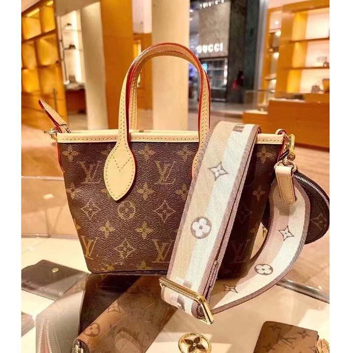 Louis Vuitton LV Women Neverfull BB Beige Monogram Coated Canvas Natural Cowhide Leather