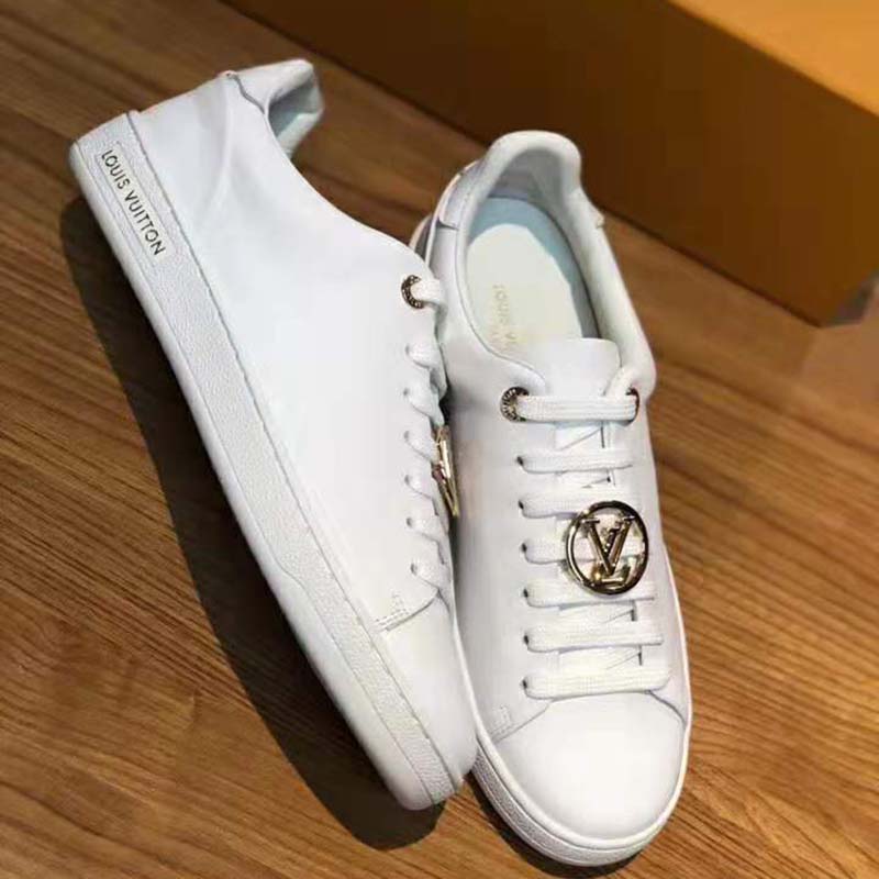 Louis Vuitton LV Women Frontrow Sneaker Gold-Tone LV Circle in White Calf Leather and Rubber
