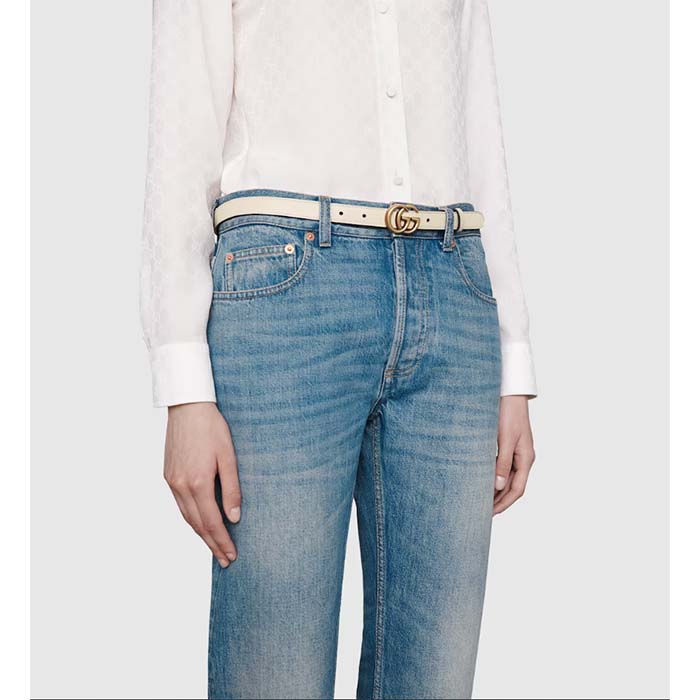 Gucci Unisex GG Leather Belt Double G Buckle White Leather 2 CM Width