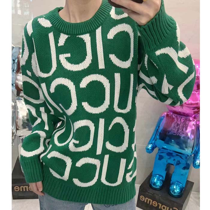 Gucci Women GG Wool Sweater Gucci Intarsia Green Crewneck Dropped Shoulder