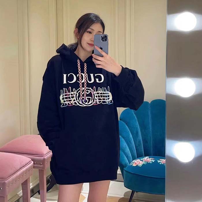 Gucci Women GG Cotton Jersey Sweatshirt Black Felted Long Sleeves Kangaroo Front Pocket