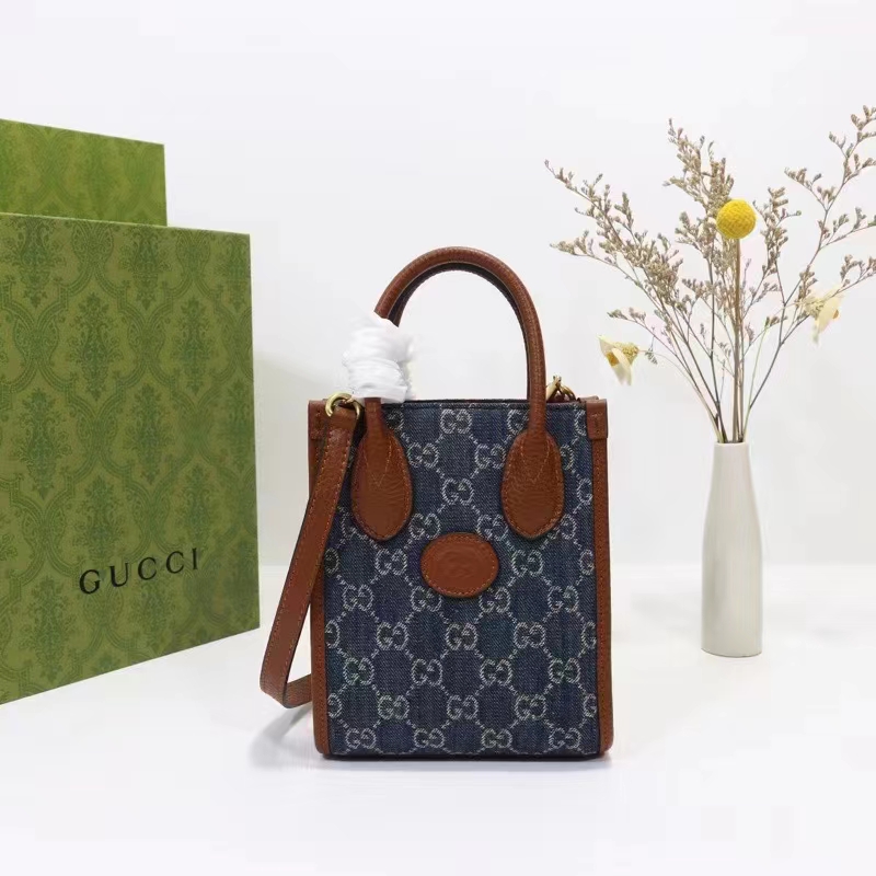 Gucci Unisex Mini Tote Bag Interlocking G Blue Ivory GG Denim Jacquard