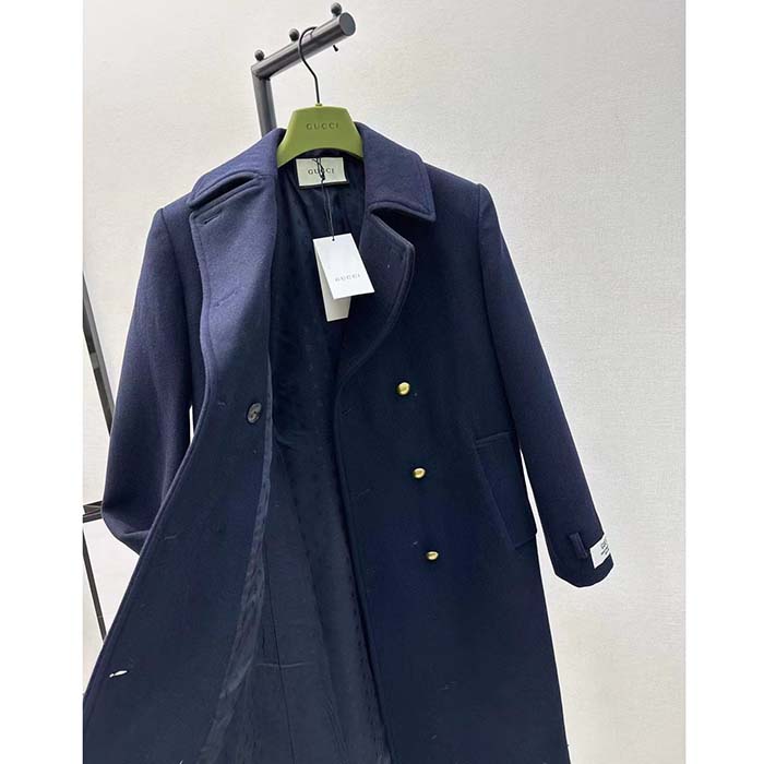 Gucci Women GG Felt Wool Coat Dark Navy Metal Buttons Gucci Cities Label Fully Lined