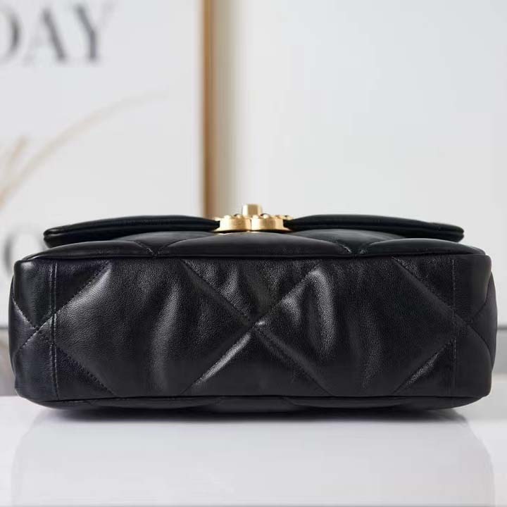 Chanel Women 19 Handbag Lambskin Gold Silver-Tone Ruthenium-Finish Metal Black