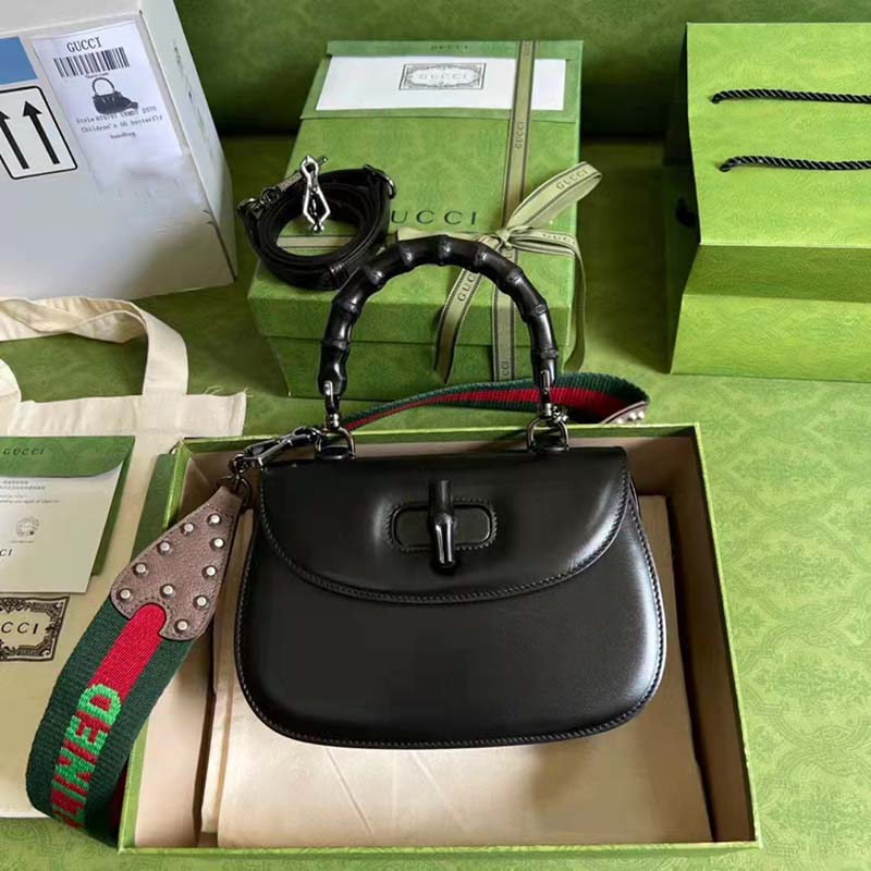Gucci GG Women Small Top Handle Bag with Bamboo Black Leather