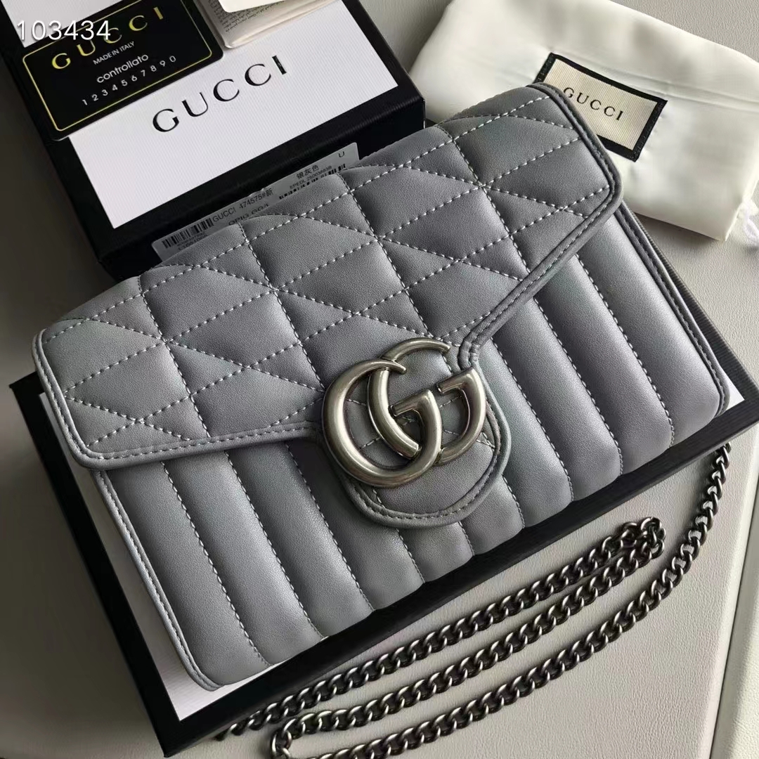 Gucci Women GG Marmont Matelassé Mini Bag Grey Leather Double G
