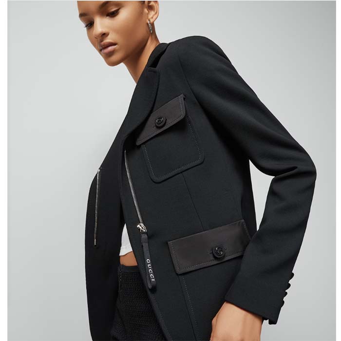 Gucci Women GG Fine Wool Crêpe Jacket Black Satin Unlined Notch Lapel Three Front Pockets