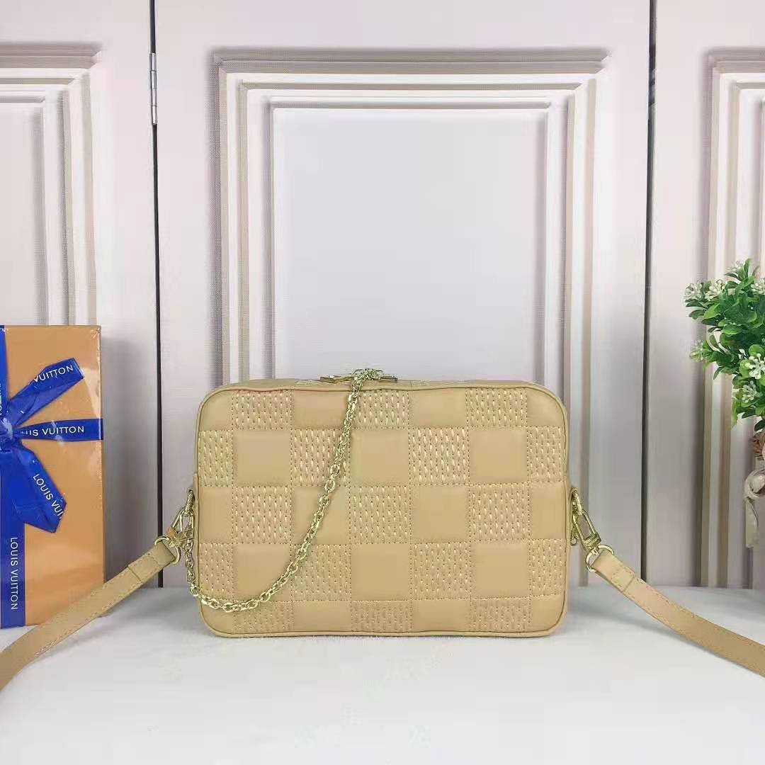 Louis Vuitton LV Women Troca MM Handbag Cashmere Beige Damier Quilt Lambskin Calfskin