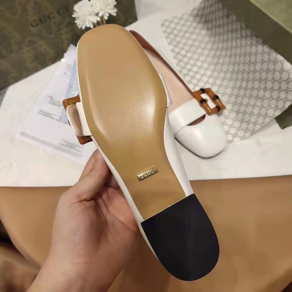 Gucci Women’s GG Ballet Flat Bamboo Buckle White Leather Round Toe Chunky Heel