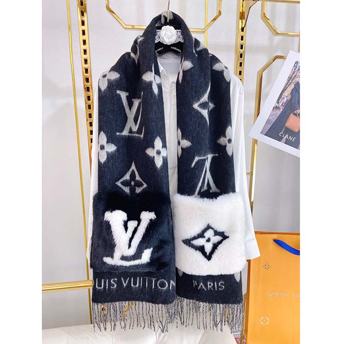 Louis Vuitton LV Unisex Cold Reykjavik Scarf Black Monogram Flowers Cashmere Pockets Mink Fur