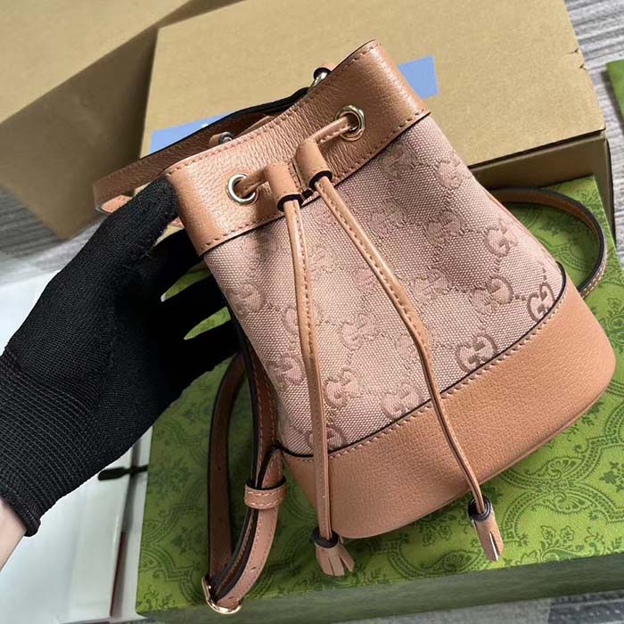 Gucci Women Ophidia Mini GG Bucket Bag Pink Canvas Leather Drawstring Closure