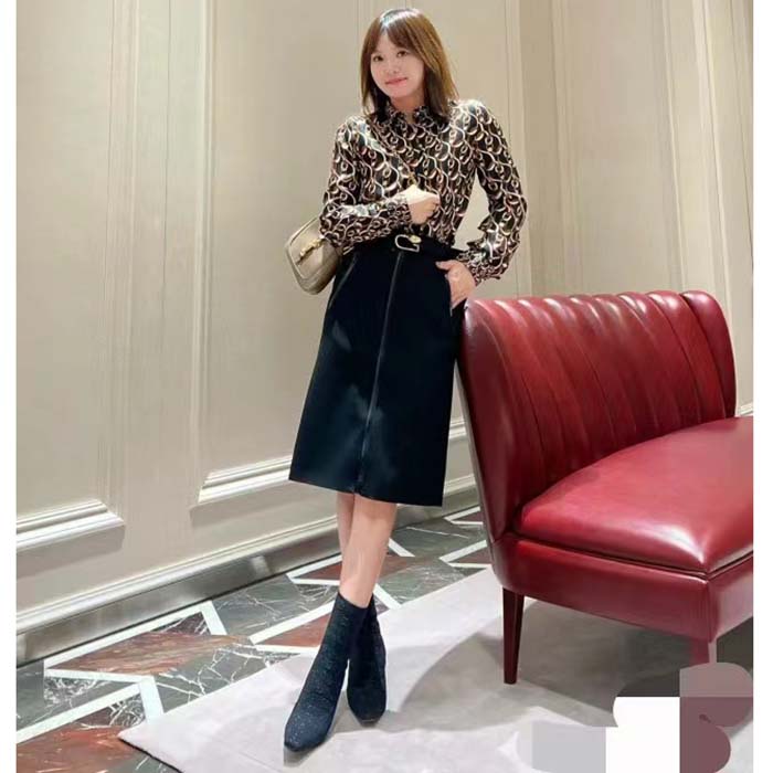 Gucci GG Women Interlocking G Chain Print Silk Shirt Point Collar Long Sleeves