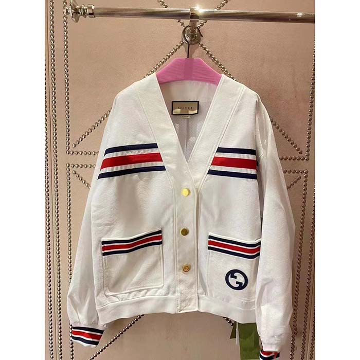Gucci Women GG Technical Jersey Cardigan Web White V-Neck Dropped Shoulder Long Sleeves