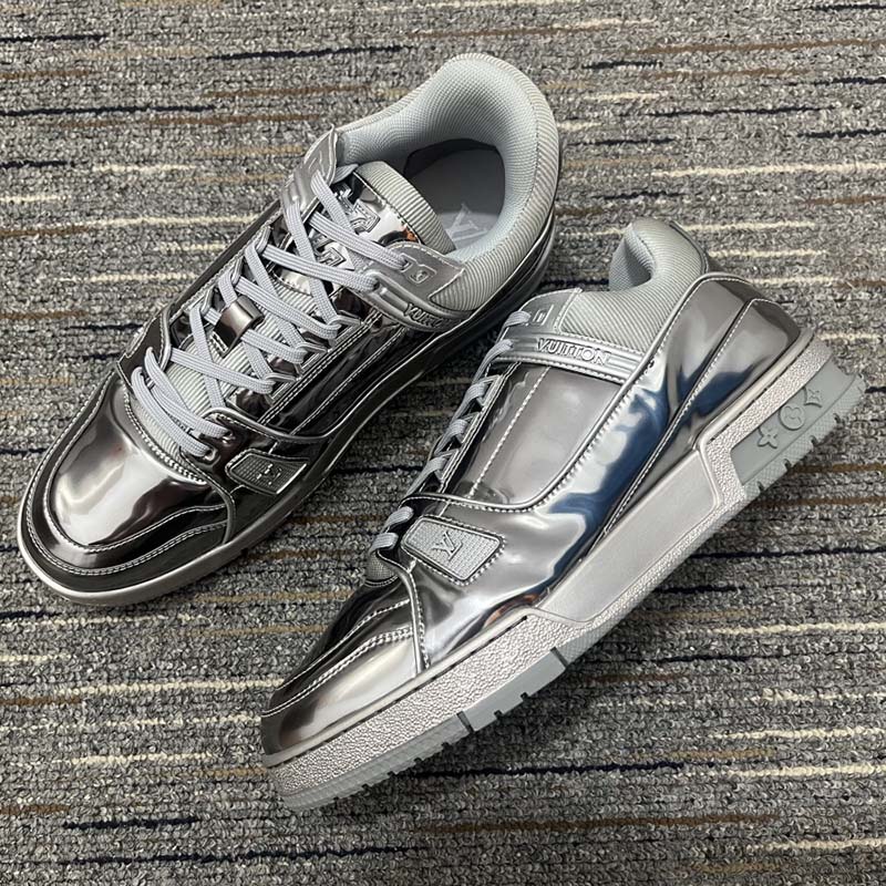 Louis Vuitton Unisex LV Trainer Sneaker Silver Metallic Canvas Rubber Outsole Monogram Flowers