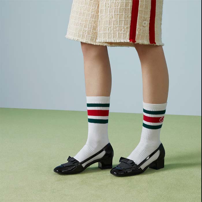 Gucci Women Pump GG Canvas Black Patent Leather Bow Leather Sole Cut-Out Block Heel