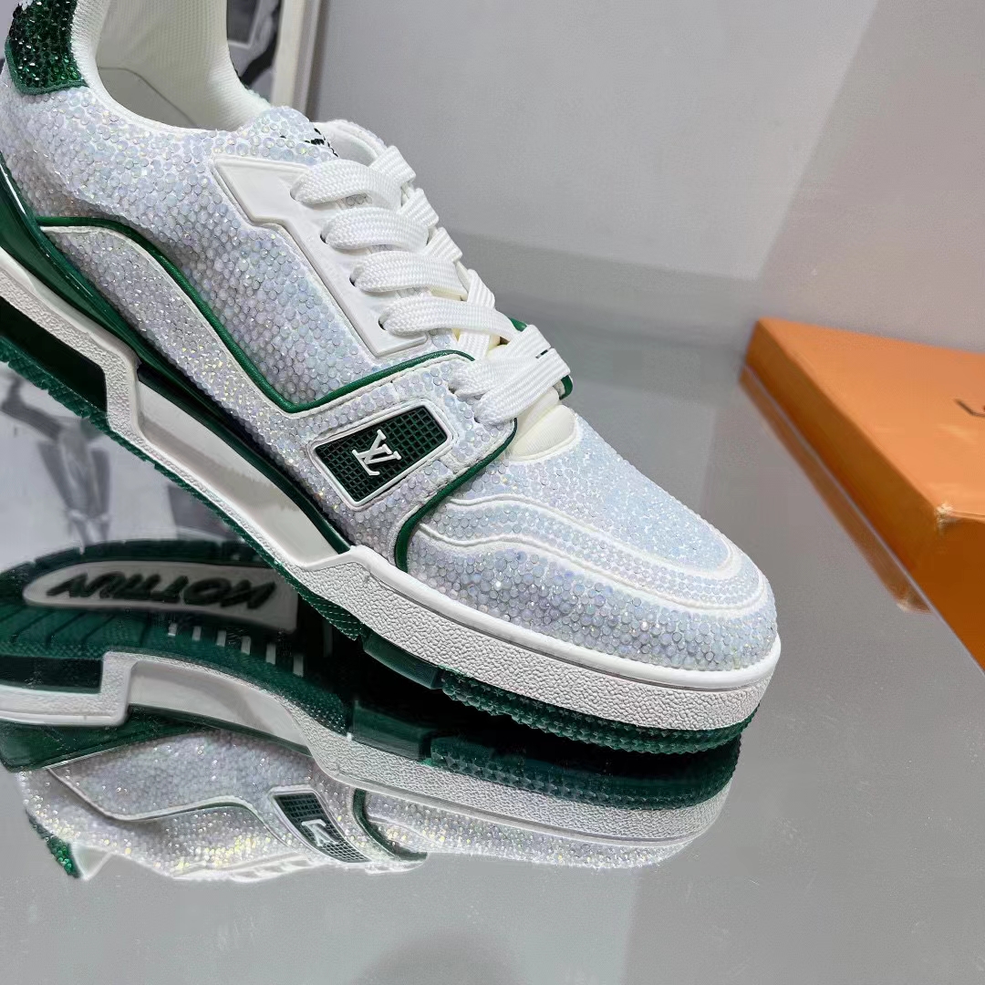 Louis Vuitton Unisex Trainer Sneaker Green Strass Rubber Outsole LV Initials Monogram Flowers