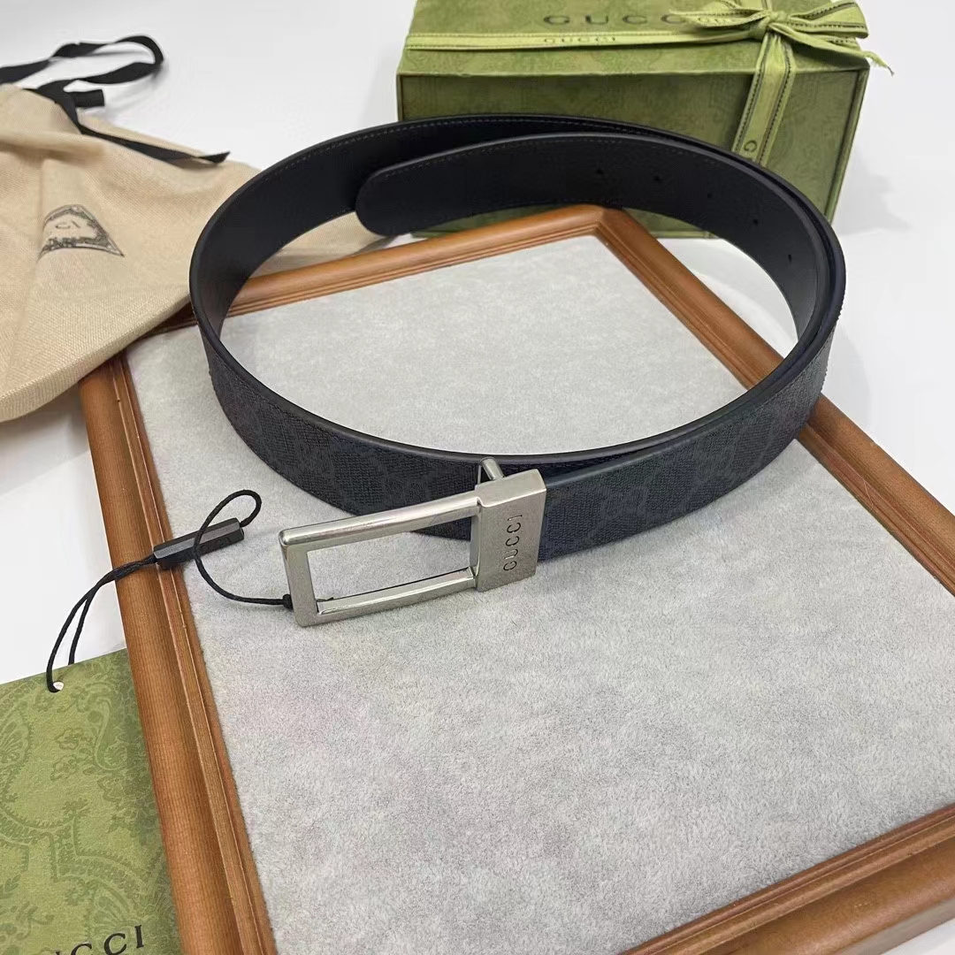 Gucci Unisex Belt Rectangular Buckle Black GG Supreme Canvas 3.6 CM Width