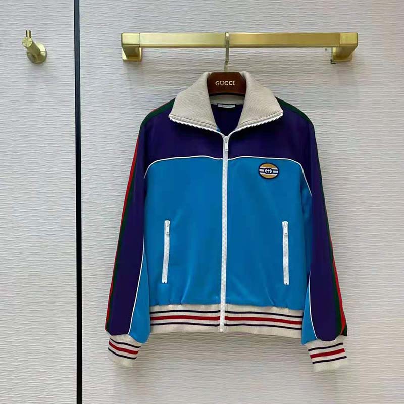 Gucci Women Technical Jersey Zip-Up Jacket with Web Interlocking G-Blue