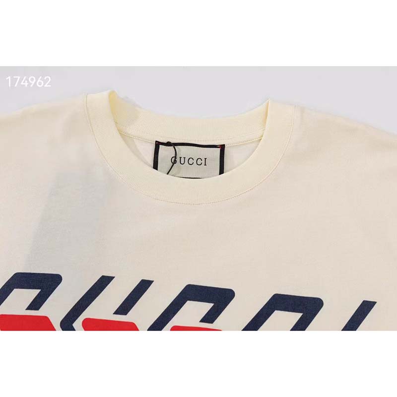 Gucci GG Men Cotton Jersey T-Shirt Beige Gucci Mirror Print Crewneck Oversize Fit