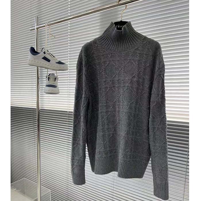 Dior Men CD Dior Icons Sweater Gray Cashmere Knit Stand Collar All-Over Cannage Motif