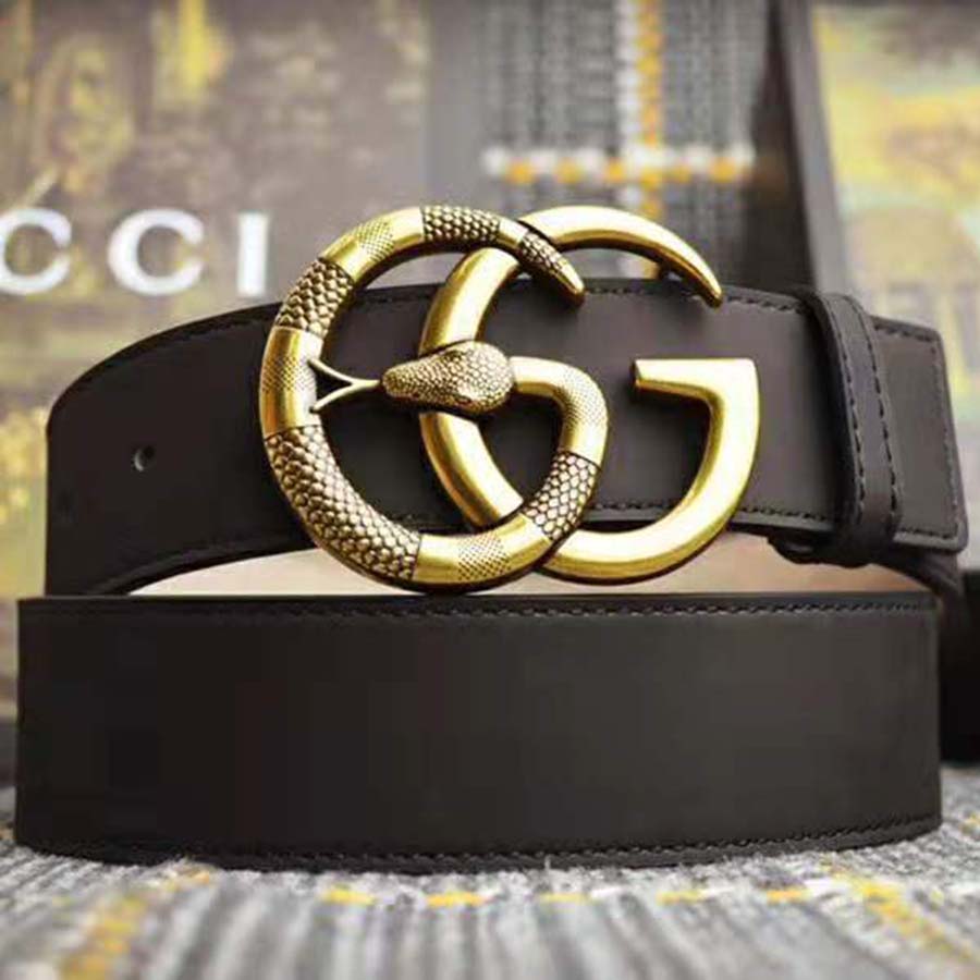 Gucci Unisex Leather Belt with Double G Buckle with Snake in Black Leather