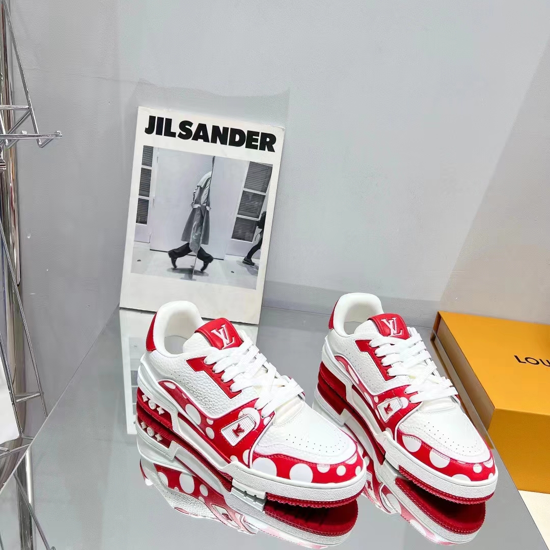 Louis Vuitton LV Unisex LV x YK LV Trainer Sneaker Red Calf Leather Rubber