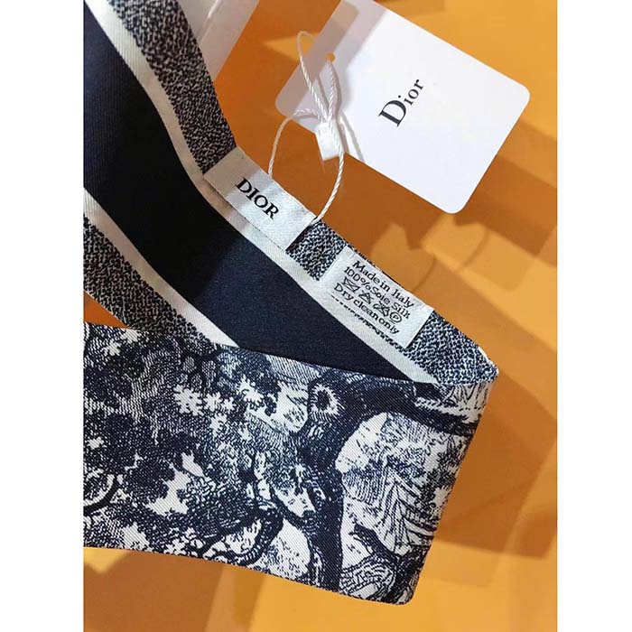 Dior Women CD Toile De Jouy Sauvage Mitzah Scarf Ivory Navy Blue Silk Twill