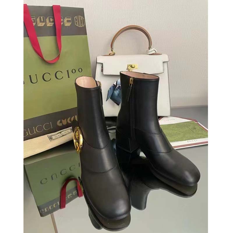 Gucci GG Blondie Women’s Ankle Boot Black Leather Mid 5 Cm Heel