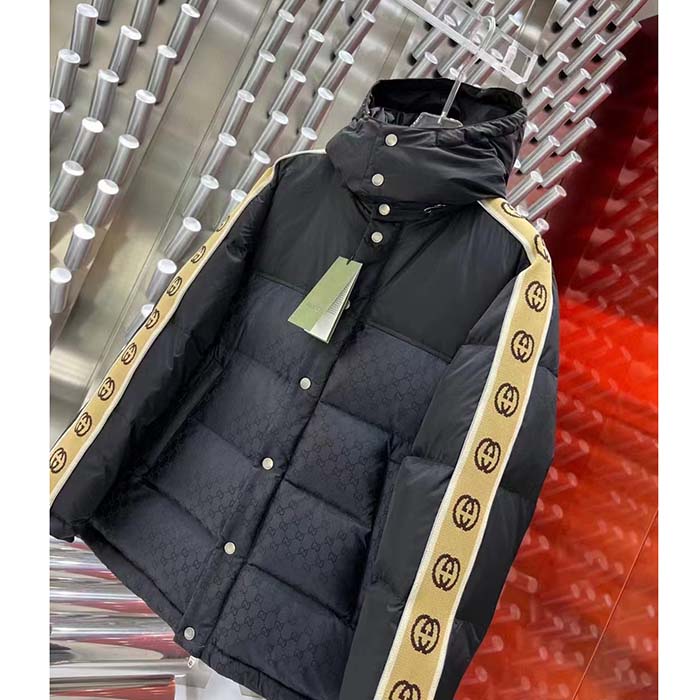 Gucci Women GG Black Jacquard Nylon Padded Coat Camel Brown Interlocking G Stripe Down Goose Feather