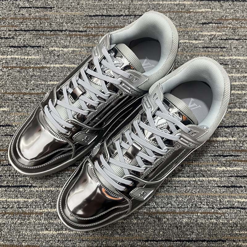 Louis Vuitton Unisex LV Trainer Sneaker Silver Metallic Canvas Rubber Outsole Monogram Flowers