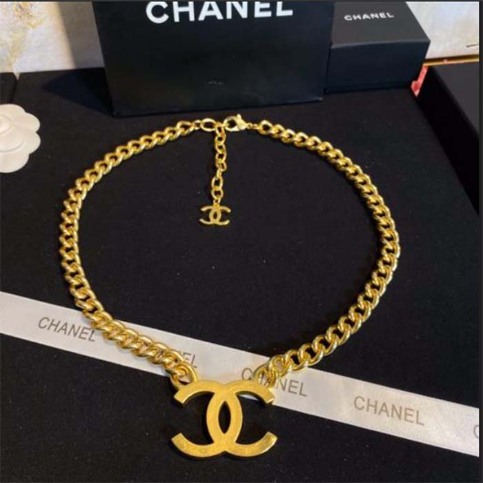 Chanel Women CC Choker Necklace Dark Gold Gold Tone Metal