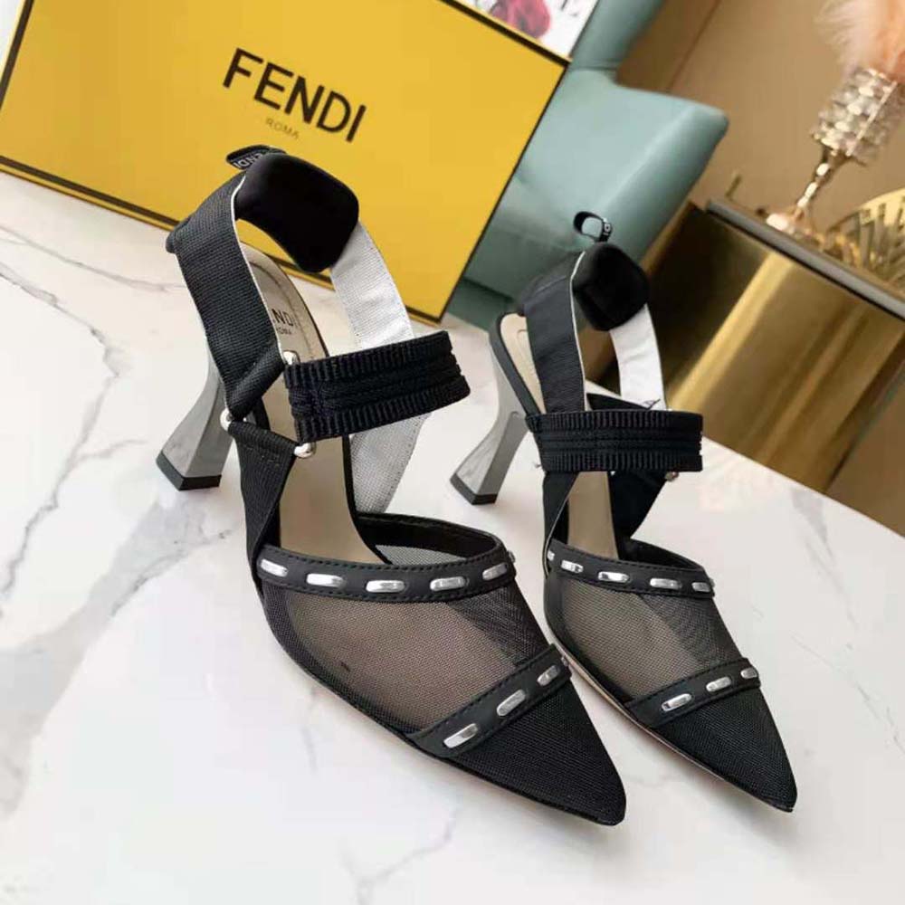 Fendi Women Colibri Black Mesh High-Heel Slingbacks with Metal Stitches