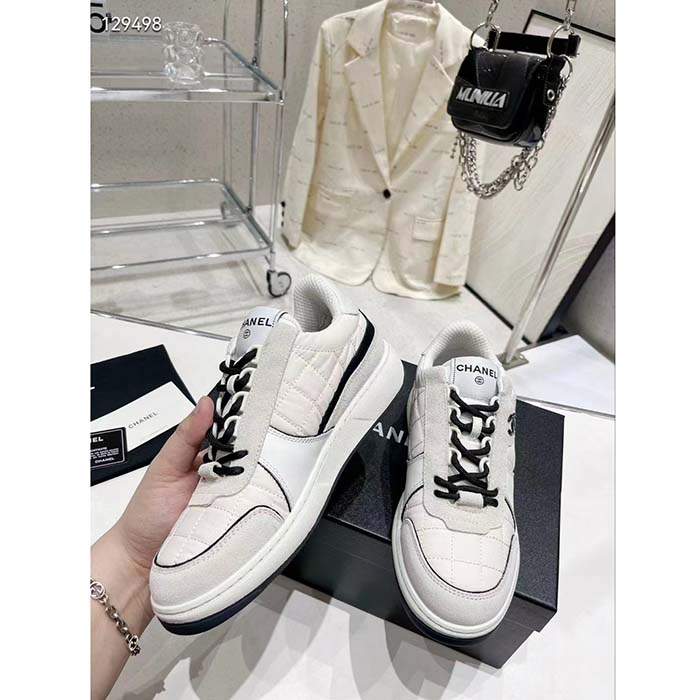 Chanel Women CC Sneakers Fabric Suede Calfskin Calfskin White Light Gray