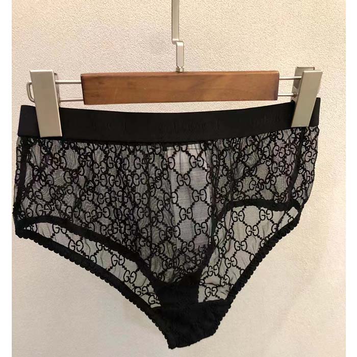 Gucci Women GG Tulle Lingerie Black Embroidered Elastic Stripe A Set Bra Briefs