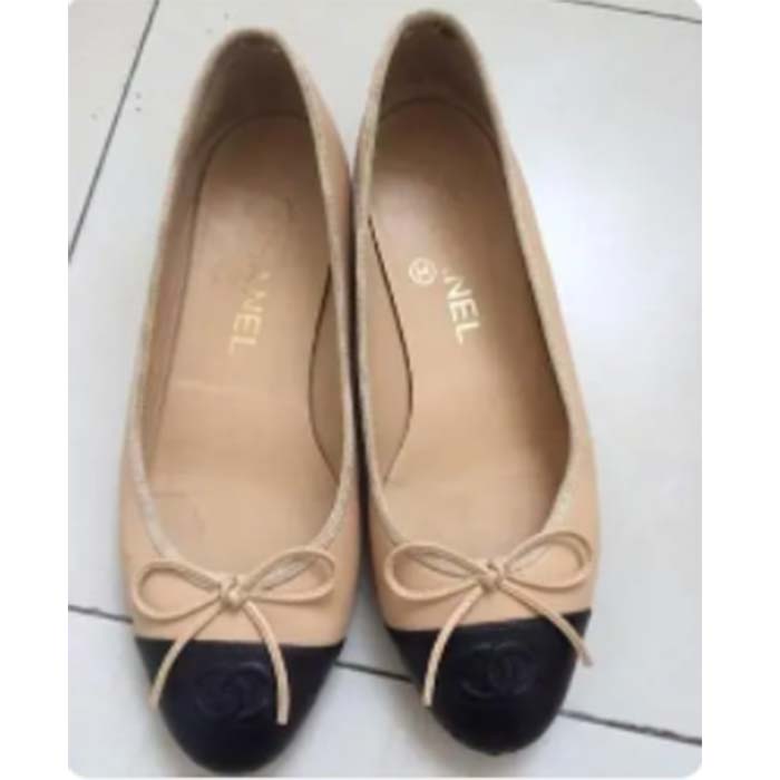 Chanel Women Ballerina Calfskin Leather Sandy Black Ballet Shoes