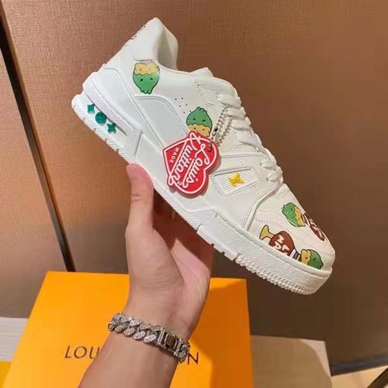 Louis Vuitton Unisex LV Trainer Sneaker White Printed Calf Leather Rubber Outsole