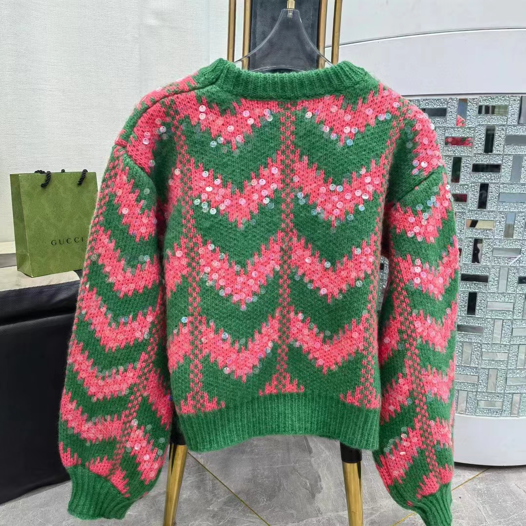 Gucci Women GG Chevron Wool Sequin Sweater Crewneck Mohair Polyamide Puffed Sleeves