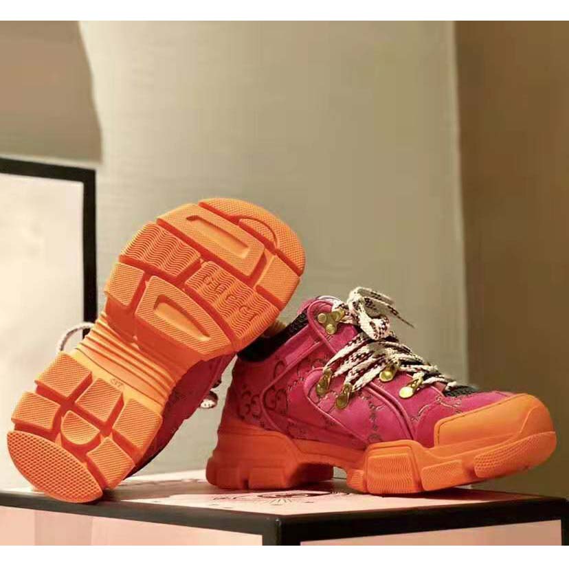 Gucci Unisex Flashtrek Sneaker with Crystals in GG Velvet with Leather 5.6 cm Heel-Pink