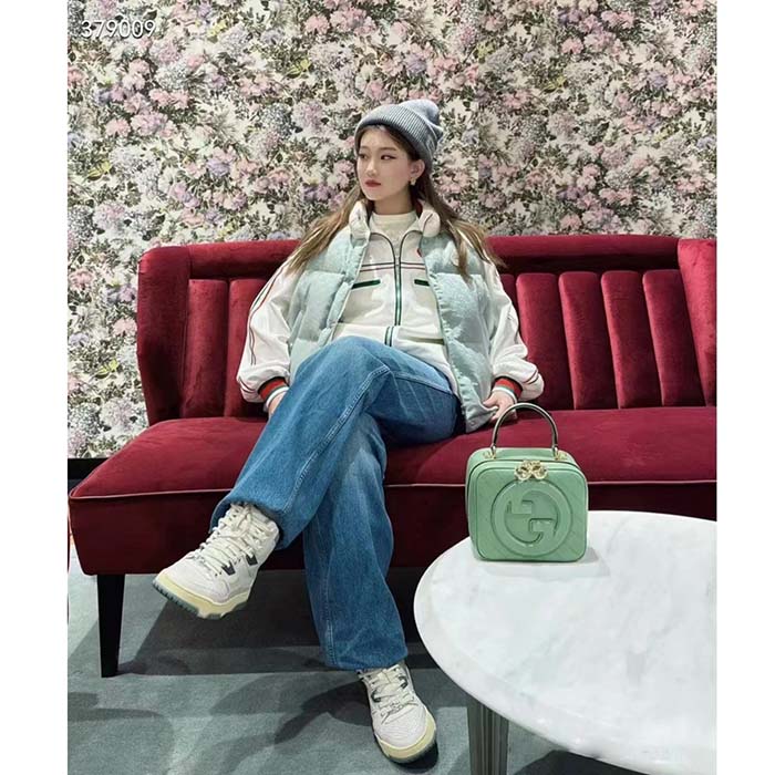 Gucci Women GG Cotton Canvas Padded Gilet Light Blue High Neck Interlocking G Sleeveless