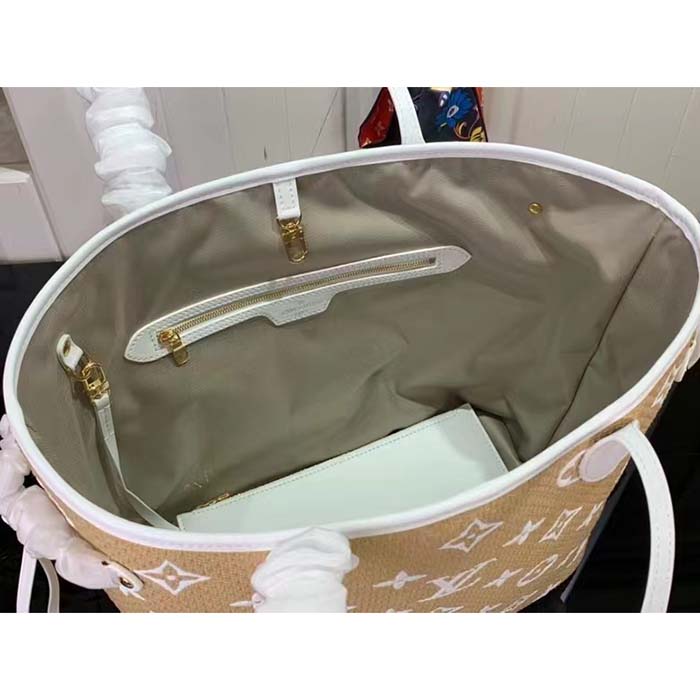 Louis Vuitton LV Unisex Neverfull MM Beige Lotus Cotton Cowhide Leather